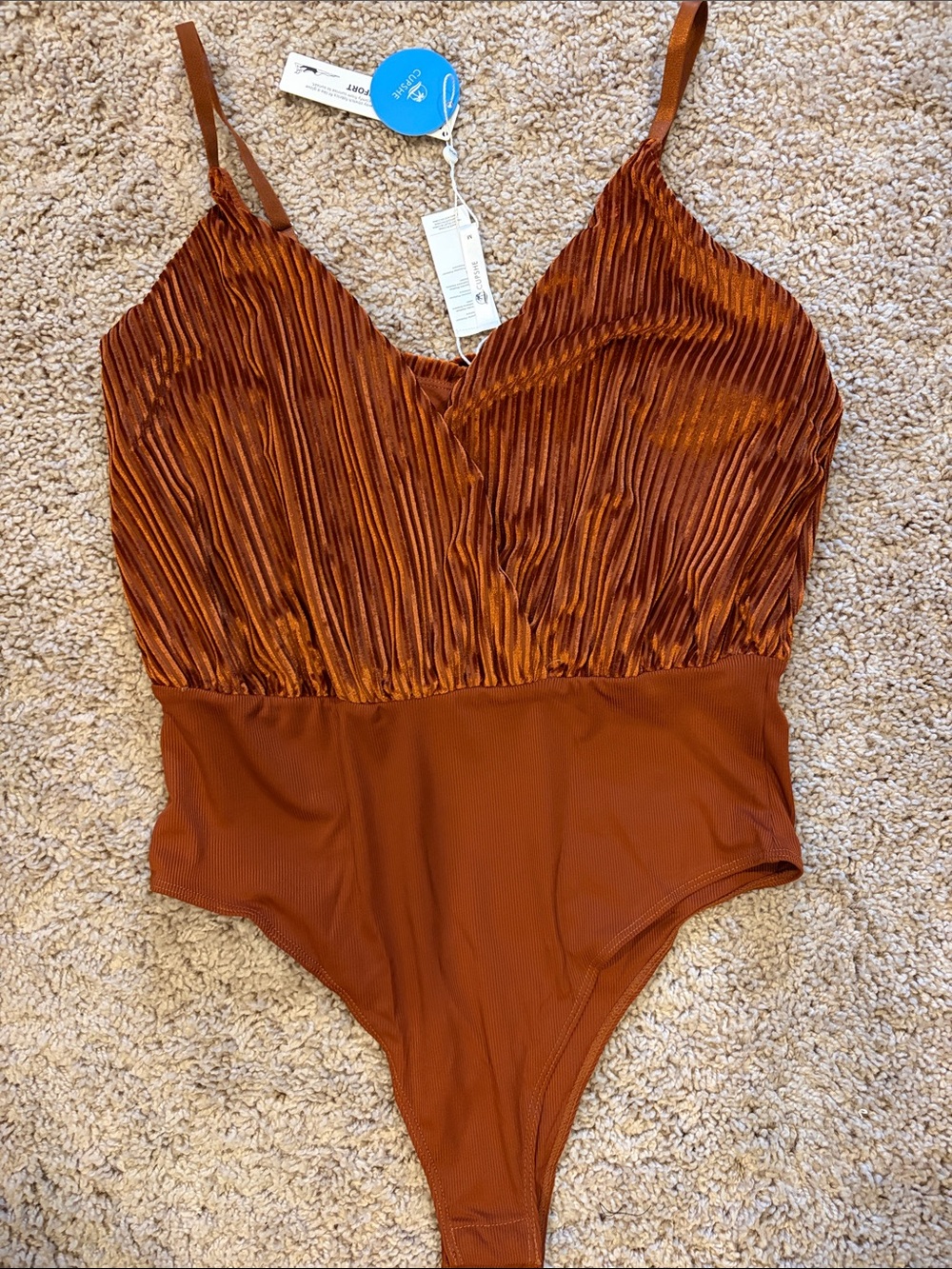 CUPSHE Girls Rust Brown One-Piece Swimsuit with Textured Bodice